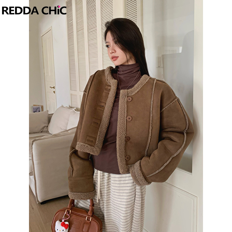Sherpa Coat Women - REDDACHiC Vrouwen Sherpa Fleece Lederen Bomberjack