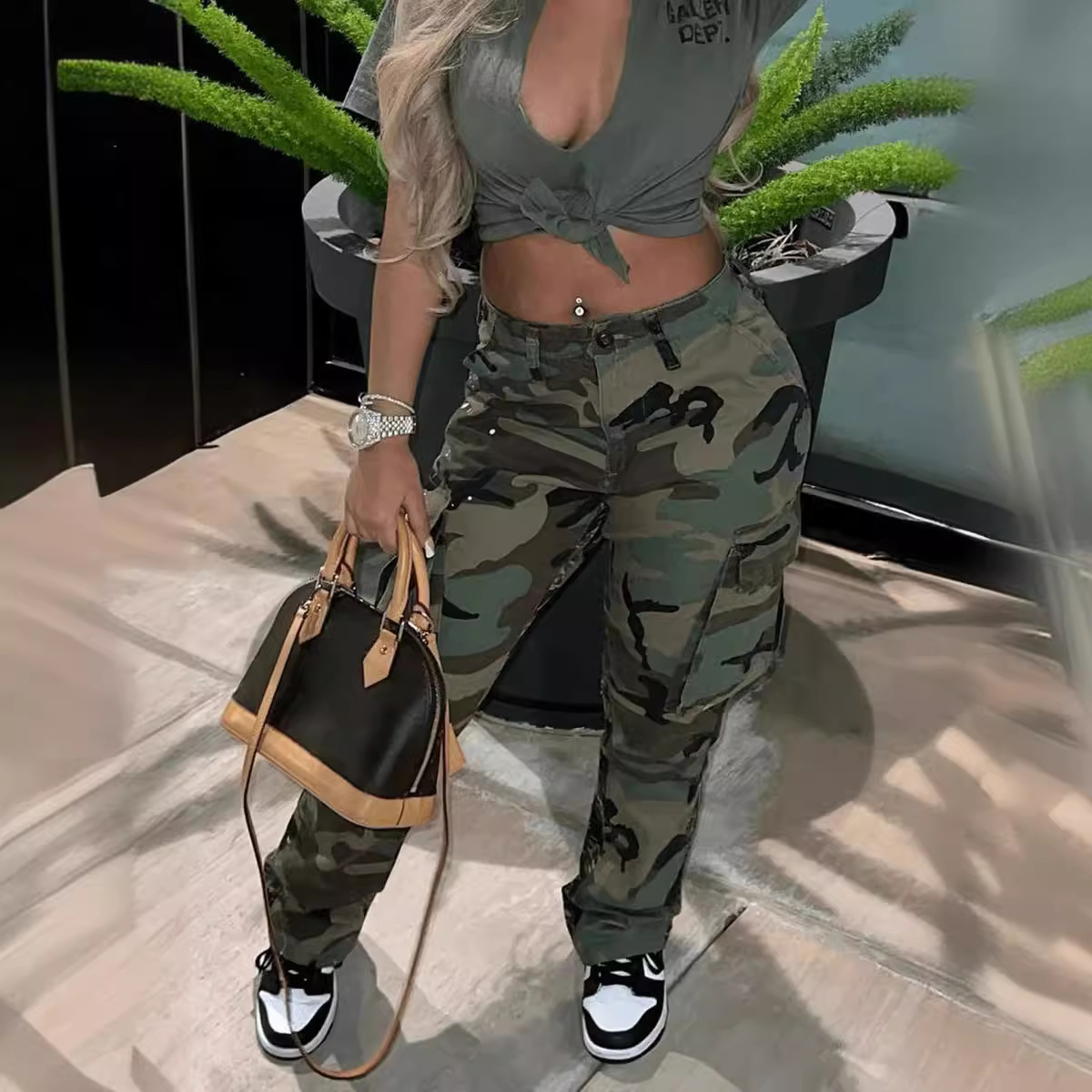 Women'S Fashion Utility Pants - Hoge taille, rechte pijpen, multicolor camouflage